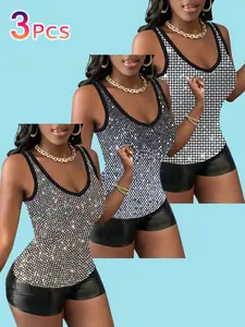 Luxurious Rhinestone Tank Top Set, Elegant Deep V Backless Design, Summer Night Club Party, Women's Sleeveless Shimmering Top