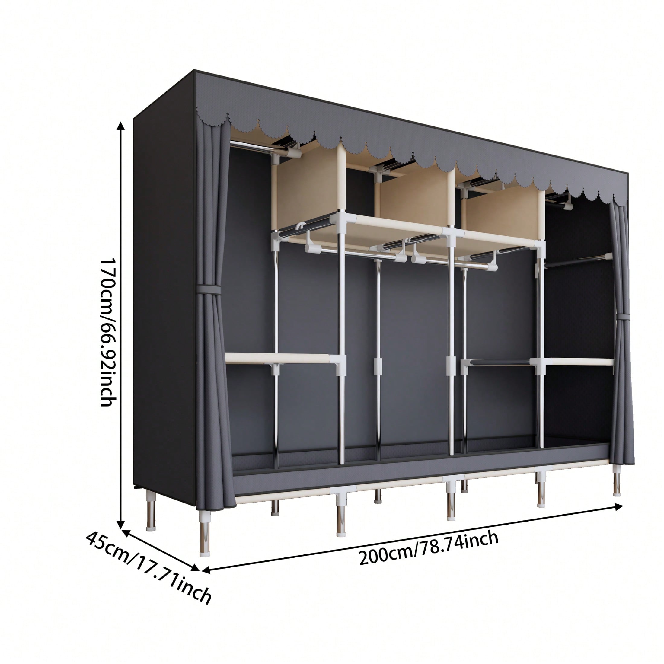Large 78.74in Portable Closet, Dark Gray Peached Fabric Wardrobe with Curtain Doors & 16mm Steel Pipe, Sturdy Multi-Compartment Clothing Organizer for Bedroom & Dorm
