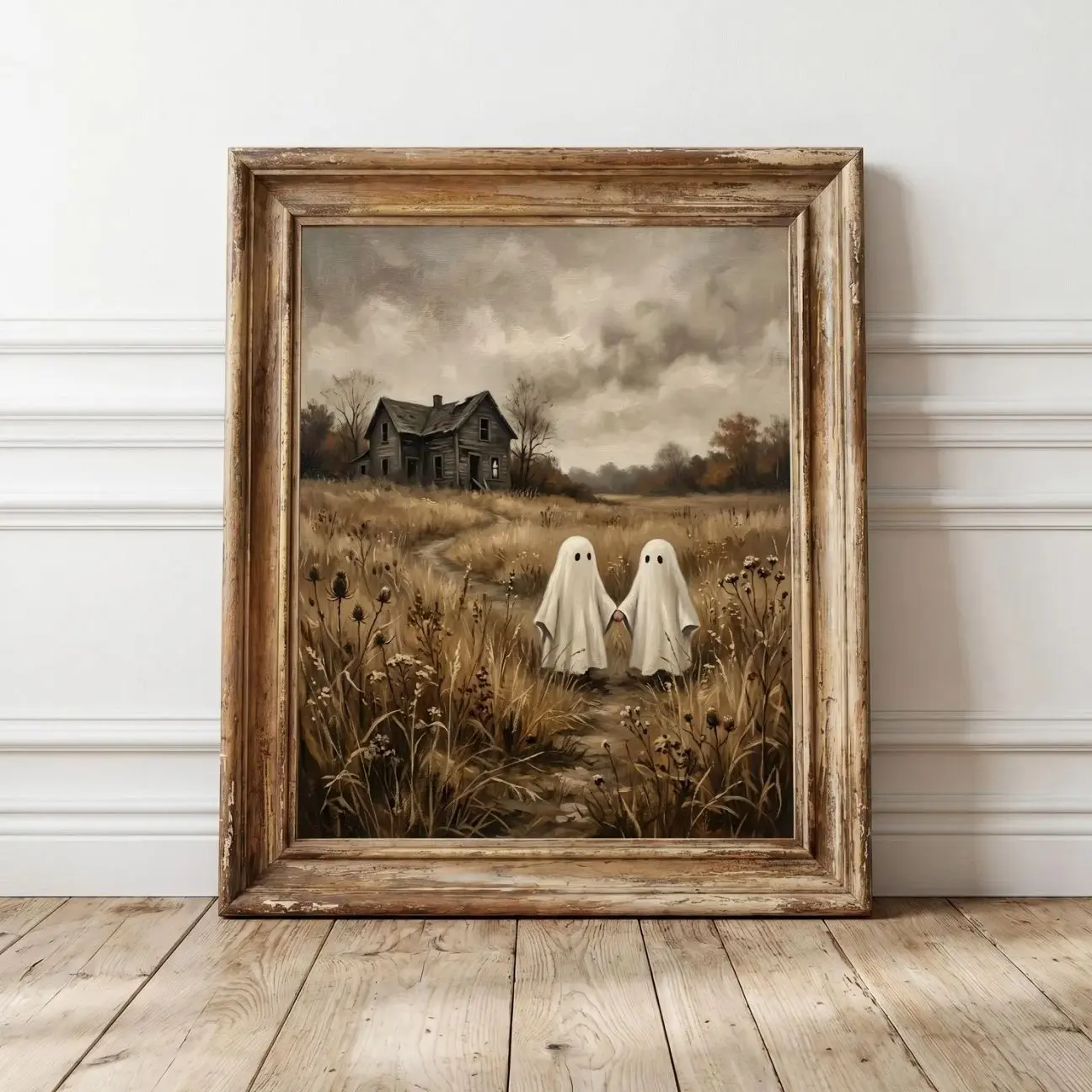 Spooky Vintage Haunted House Wall Art, Cute Ghosts in Field Halloween Art Print, Fall Decor  | Framless Poster H
