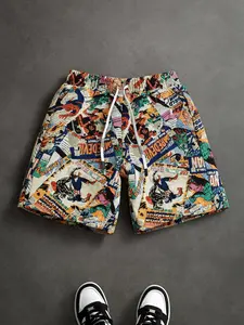 Men's Retro Comic Style Casual High Street Shorts, Loose Fit with Drawstring Waist, Full Print, Summer Cool Breathable Essential