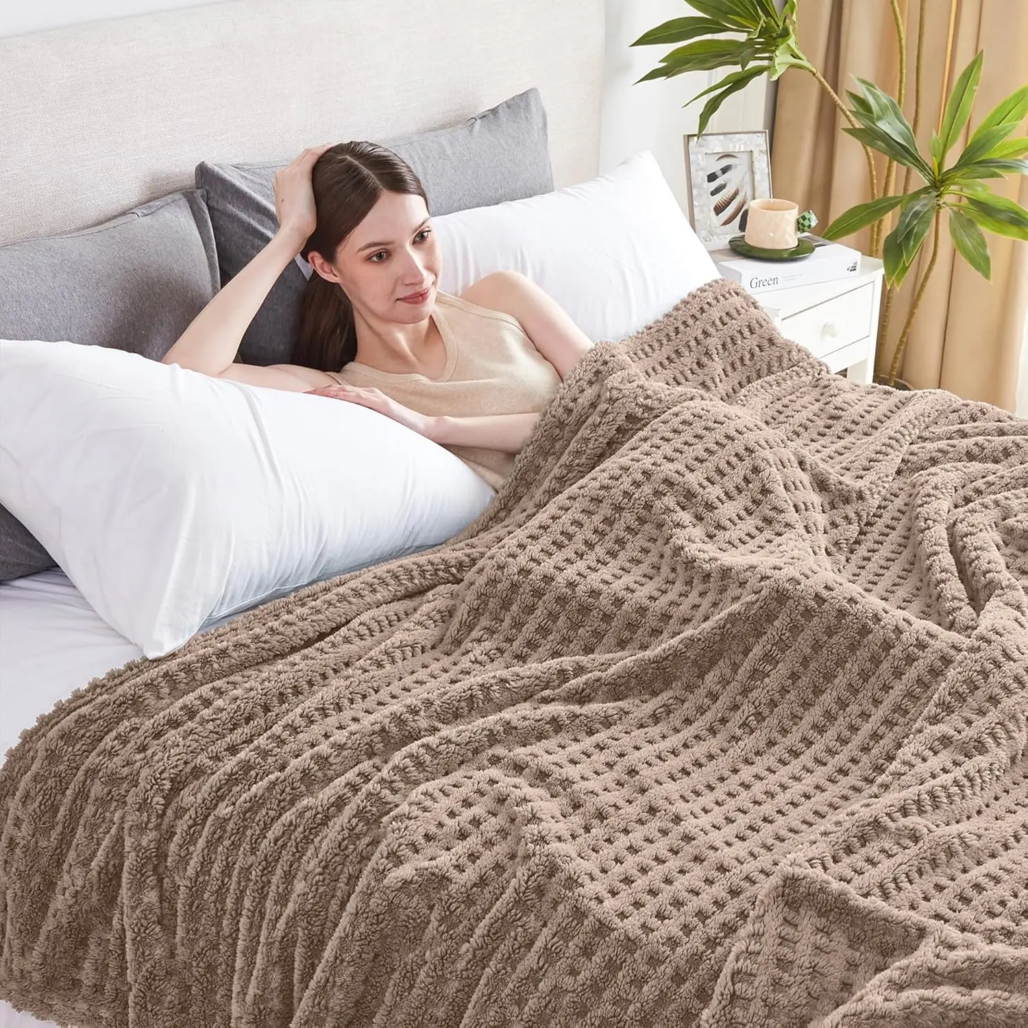 Soft Cozy Fuzzy Fleece Throw Blanket, Waffle Light Taupe, 50x60 Inches  Lightweight, Fluffy, and Warm 3D Jacquard All-Season Blanket for Couch, Bed, Sofa, Home Decor, Camping, and Travel