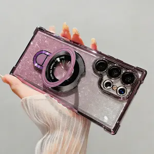 Galaxy S26 Ultra Phone Case with Shockproof Corner Airbag Shiny Plating Soft Thin TPU Cover include Bling Glitter Piece for Samsung S26 S25 S24 S23 S22 Edge FE Plus Gift for Girl Women