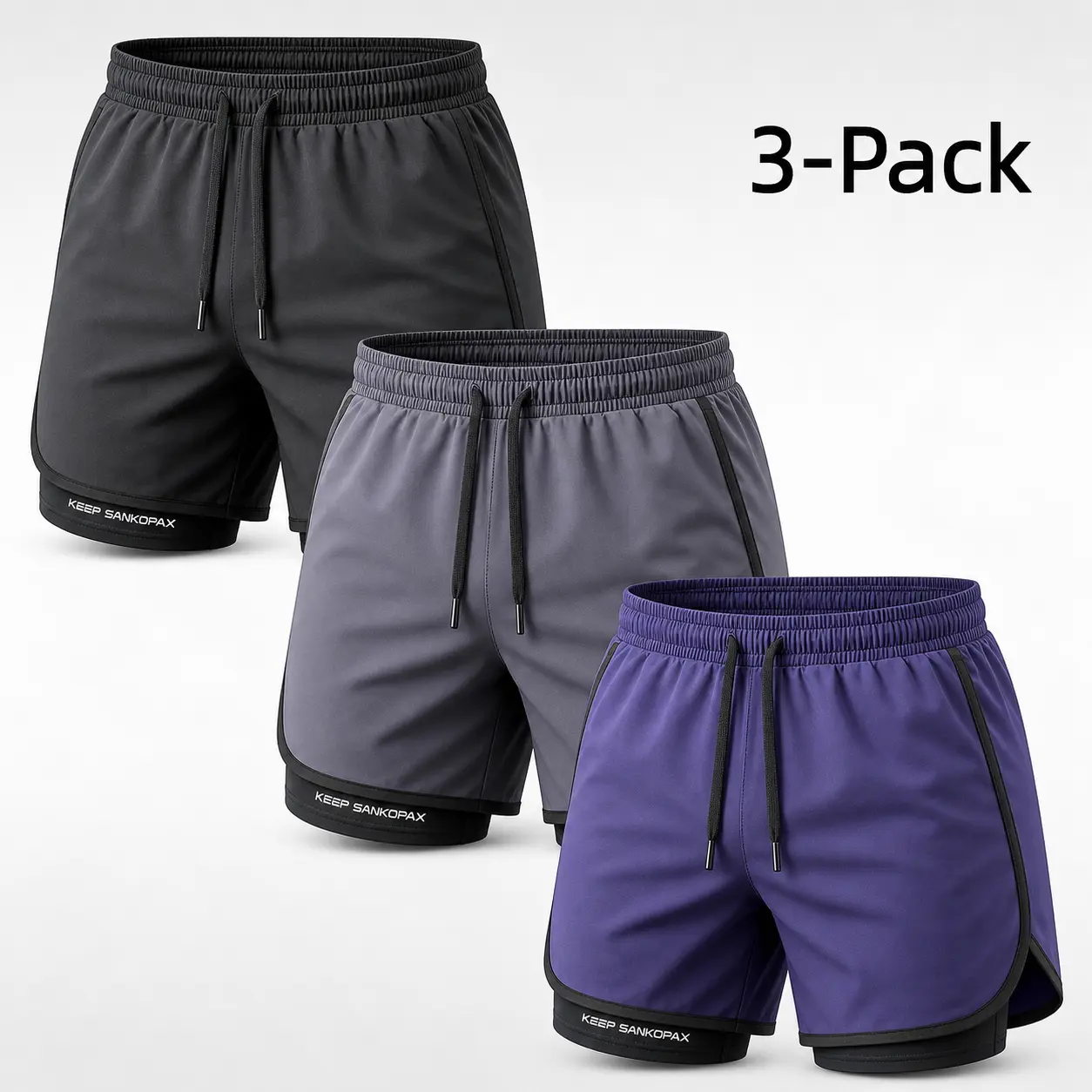 3-Pack Men's Moisture Wicking 2-in-1 Running Shorts Built-in Liner Athletic Workout Shorts for Gym Training，Casual Shorts，Quick Dry Shorts，Outdoor Shorts，Beach，Drawstring Shorts，Elastic Waist Shorts，Running ，Basketball