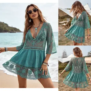 Women's fashionable solid-color beach set, sexy lace loose-fitting resort swimsuit dress with bikini top, comfortable fabric, the best choice for vacation.
