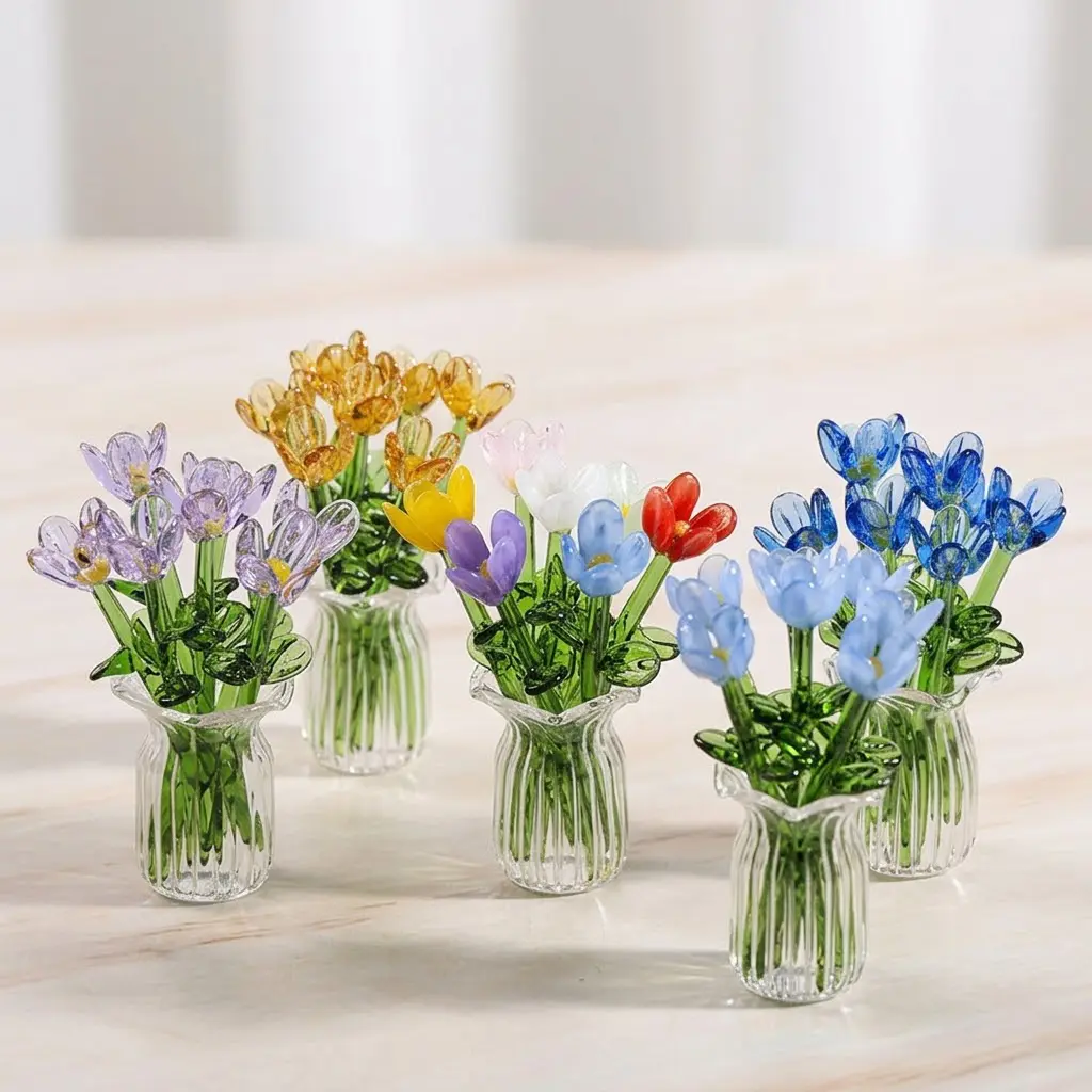8pcs Mini Glass Flowers with Vase, Cute Aesthetic Desk Accessory, DIY Artificial Mixed Flower Bouquet Desktop Ornament, Faux Flowers, Home Office Desk Decor, Suitable for Gifting, Event Decorations, Gift for Her backtoschool