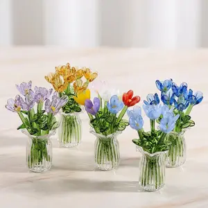 8pcs Mini Glass Flowers with Vase, Cute Aesthetic Desk Accessory, DIY Artificial Mixed Flower Bouquet Desktop Ornament, Faux Flowers, Home Office Desk Decor, Suitable for Gifting, Event Decorations, Gift for Her summerwins