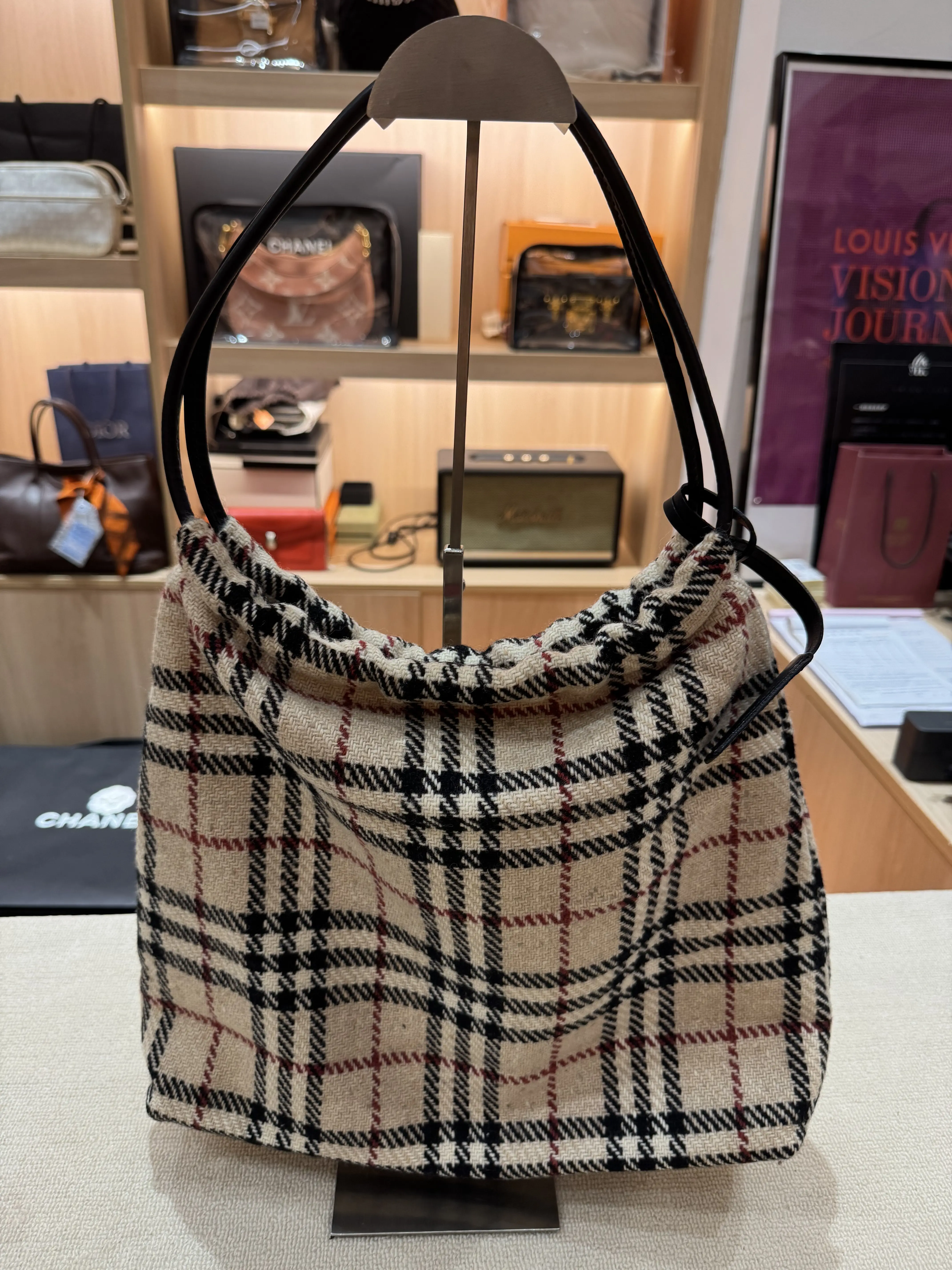 Pre-owned BURBERRY Check Hobo Bag Beige Plaid Wool