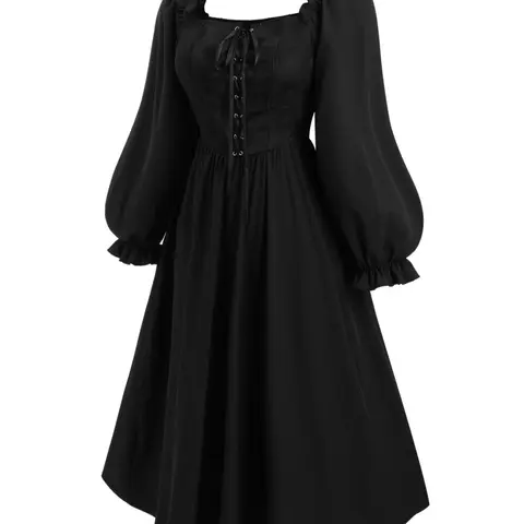 [Plus Size] Lace Up Plicated Square Neck A Line Dress, Elegant Puff Sleeve Long Sleeve Dress for Party Holiday Guest, Dresses for Wedding, Lady Women's Clothes for Fall & Winter, Womenswear