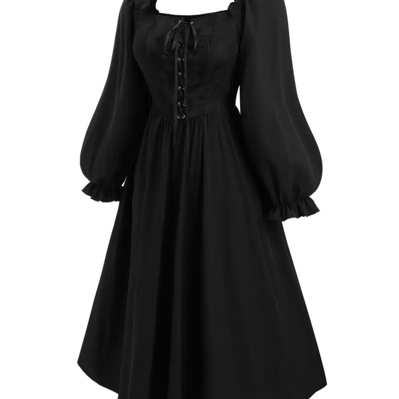 [Plus Size] Lace Up Plicated Square Neck A Line Dress, Elegant Puff Sleeve Long Sleeve Dress for Party Holiday Guest, Dresses for Wedding, Lady Women's Clothes for Fall & Winter, Womenswear