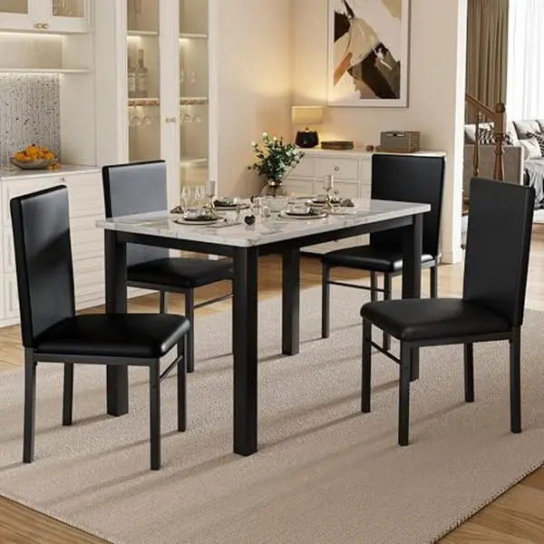 Loftiage 5 Piece Dining Table Set for 4, Compact Kitchen Table and Chairs Set of 4 with Faux Marble Top & Sturdy Metal Frame, Modern Dinner Table Set for Small Spaces, Apartment, White & Black