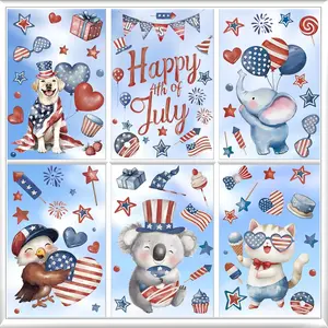 6 Sheets 4th of July Patriotic Window Clings Stickers Double-Sided Watercolor Animals Fireworks and Stars Window Decals for Independence Day Store Glass Home Holiday Decoration