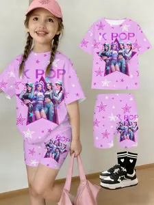 Girls' Summer Kpop Series T-Shirt Shorts Set, Star K-Pop Letter Print, Casual Streetwear, Perfect Gift for Kids, Outdoor Wear