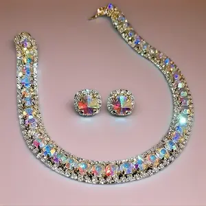 Rhinestone-Adorned Bling Jewelry Set - Trendy Gold-Colored Luxe Shimmering Earrings & Necklace, Classy Design for Formal Events, Rhinestone-Adorned Jewelry Sets, Trendy Jewelry Sets