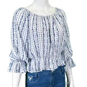 Women's CH "Striped Floral" White 3/4 Sleeve Blouse