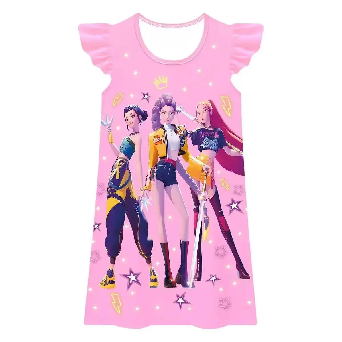 Girls Cartoon  Character Print Nightgown Ruffle Cap Sleeve Pink Star Lightning Pattern Soft Casual Kids Summer Sleep Dress # Girls Daisy Smocked Ruffle Dress # fashionable summer dress # cap sleeve dress