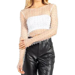 Women's Pearl Rhinestone See Through Long Sleeve Mesh Blouse One Piece Cover Up Crop Tops