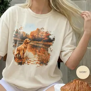 Retro Golden Retriever T-Shirt, 90s Autumn Scene, Boho Dog Lover Gift, Rustic Cabin Crewneck Cotton