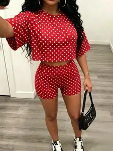 Women's Y2K Polka Dot Print Suit, Loose-Fitting Cropped T-Shirt & Skinny Shorts, Casual Yet Sophisticated, Optimizes Body Proportions