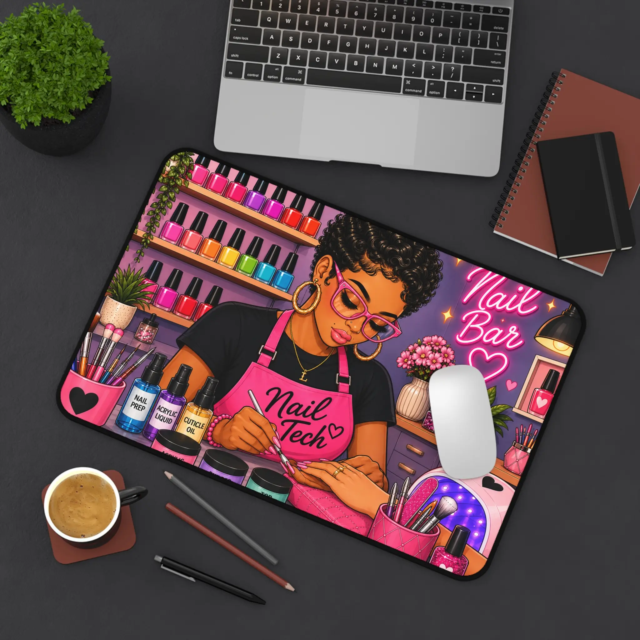 Nail Tech Salon Illustration Desk Mat | Nail Bar Cosmetic Artist Mouse Pad