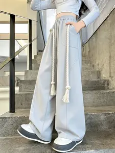Women's Loose Fit Adjustable Drawstring Wide Leg Pants, Casual Plain Design, Comfortable Soft Cotton Material, All-Season Wear, Versatile Daily