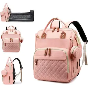 3-in-1 Waterproof Diaper Backpack with Foldable Changing Pad Large Travel Nappy Bag for Baby Boys Girls Peach Pink