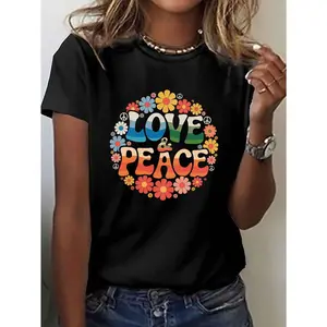Women's Hippie Style LOVE & PEACE Graphic T-Shirt - Short Sleeve Crew Neck Casual Top with Vibrant Floral & Peace Symbols, Medium Stretch Machine-Washable Fabric for Summer & Spring, Everyday Clothing, Retro Fashion, Nontransparent Material