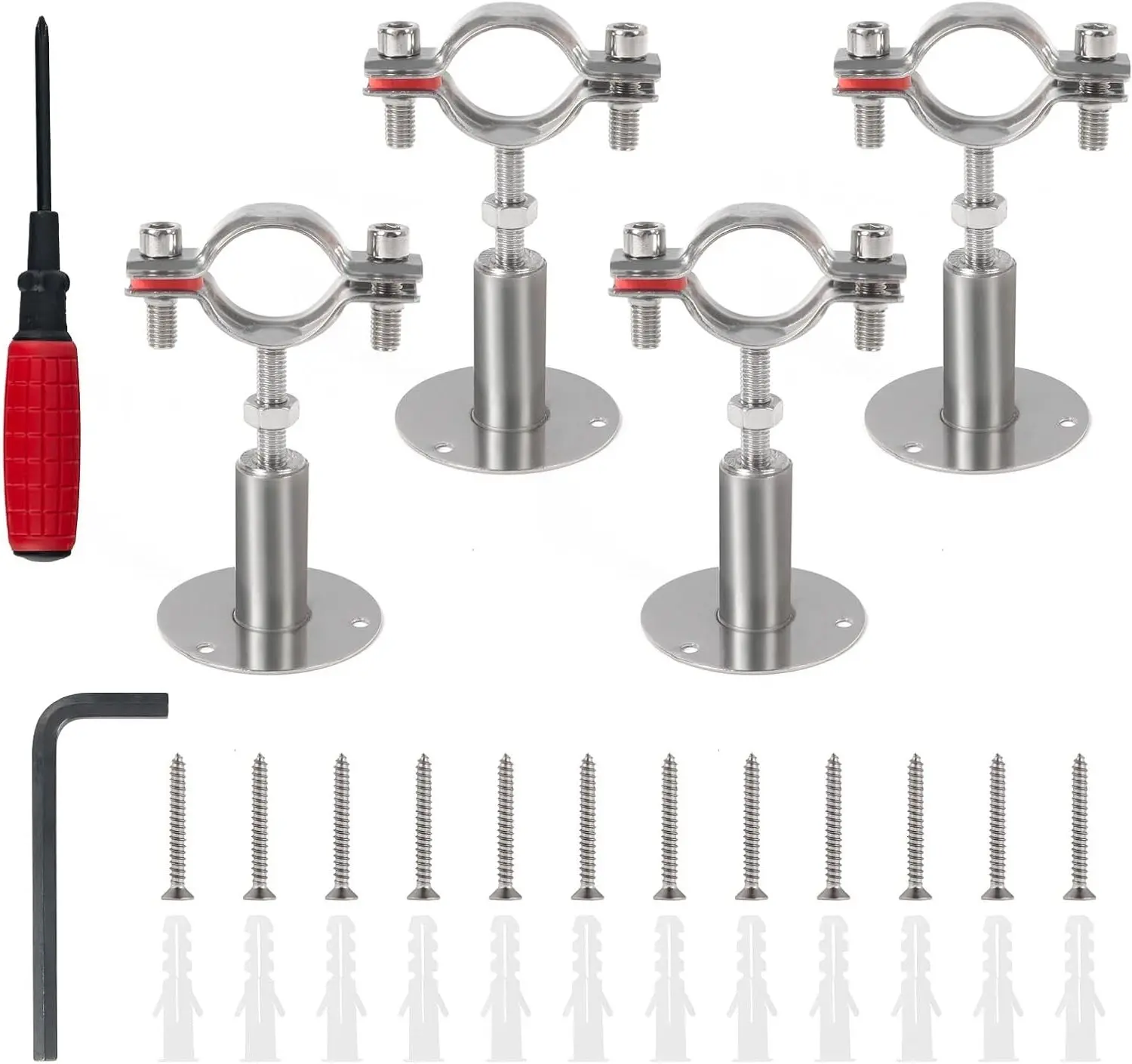 4PCS 304 Stainless Steel Wall & Ceiling Mount Pipe Supports for 1" OD Pipe (32-34mm), Adjustable Height 50-100mm, Strap Clamp with Screws