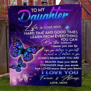 1pc Mother'S Letter to Daughter Floral & Butterfly Print Flannel Blanket - Soft All-Season Throw with Inspirational Message, White with Pink & Purple Design for Sofa, Bed, or Gift, Cozy Home Accessory, Elegant Script Font, Highquality Print summervibes