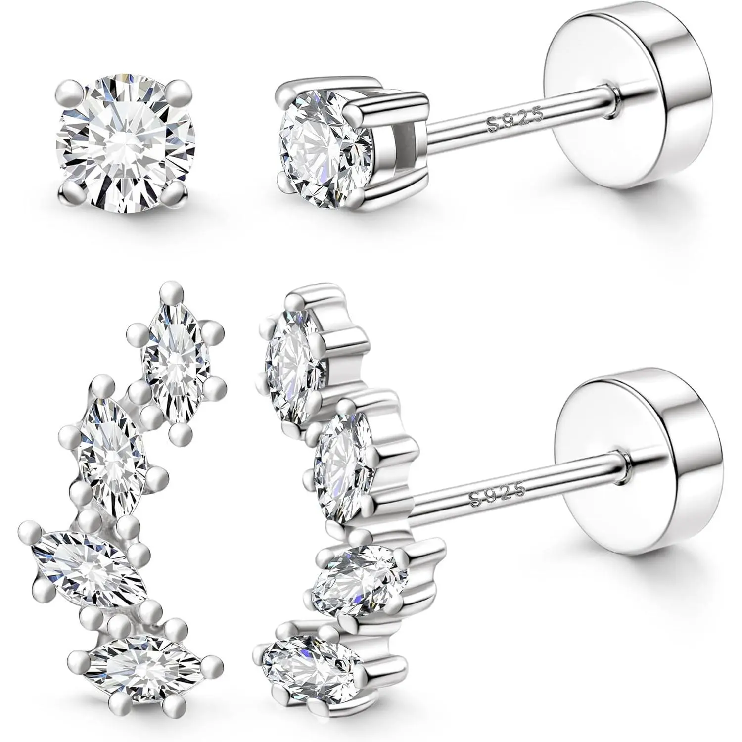 ZELORES Women's 2 Pairs Lightweight Hypoallergenic CZ Studs Earrings - Gold-Plated Flat Back Cubic Zirconia Earrings for Helix Piercings, Elegant Minimalist Jewelry, Helix Pierced Earring