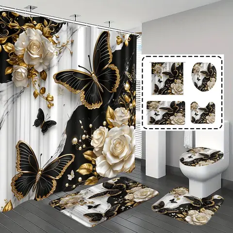 Bathroom Shower Curtain Set, Marble Butterfly Pattern, Luxury Theme Decor, Bath Mat Rug, Includes 12 Hooks, Home Decoration Gift, Restroom Bathroom Accessories