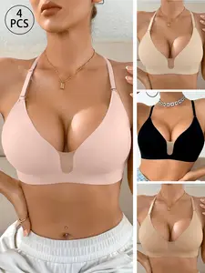 4Pcs Women's Deep U-Neck Backless Bra Set, Adjustable Thin Straps, No Underwire Everyday Wear Bras, Fashionable & Comfortable