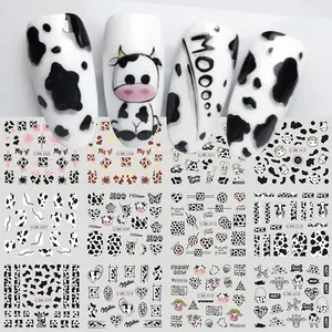 Nail Art Stickers, 12 Sheets Cute Milk Cartoon Water Transfer Nail Decals Nail Stickers with Assorted Patterns Milk Cow Animal Leopard Heart Design