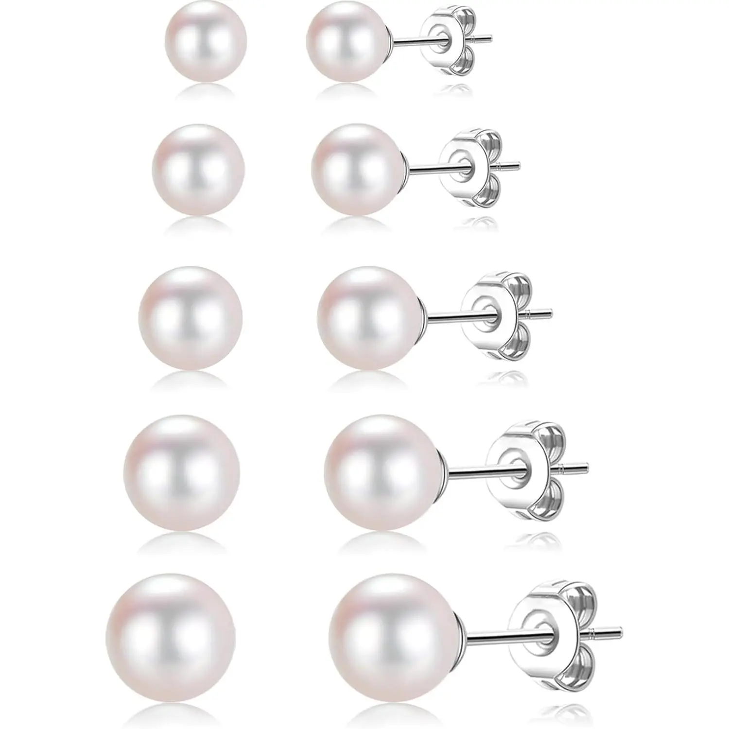 5 Pairs Pearl Earrings for Women Hypoallergenic Ball Studs Earrings Set Women 316L Surgical Steel Silver Pearl Earrings Birthday Valentines Day Gifts