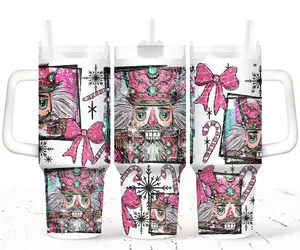 Pink Nutcracker Christmas Tumbler 20oz 30oz 40oz Festive Bow Candy Cane Holiday Cup Double Walled Stainless Steel Portable Mug
