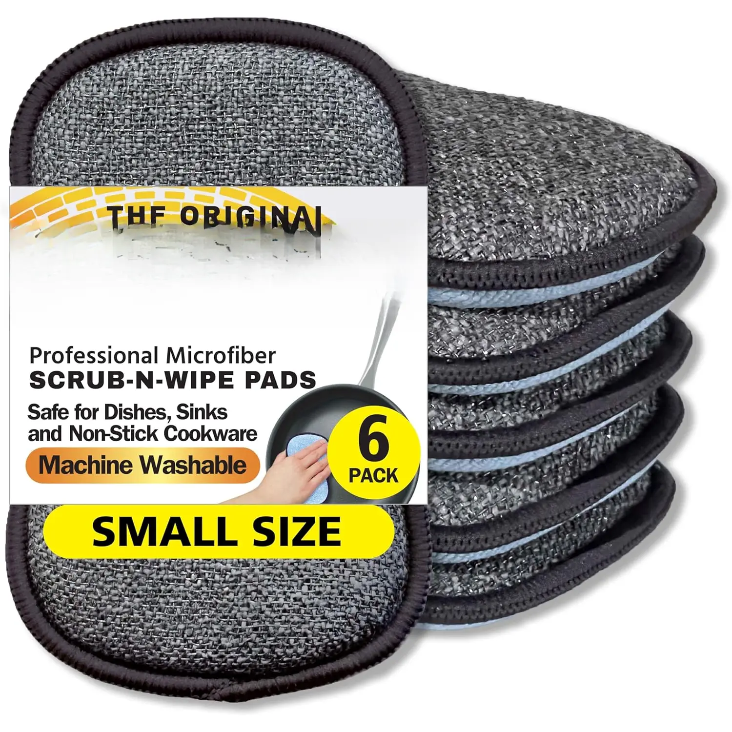 Microfiber Scrub-N-Wipe Pad, Small 6-Pack, Dual-Sided Cleaning Scrubber for Dishes, Sinks, Non-Stick Cookware - Durable, Machine Washable Kitchen Sponge