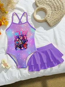K Pop Beach Babe Sweet Cool Rock Style Girls' Swimsuit, Gradient Starry Sky Print, Summer Vacation Casual Two-Piece Set