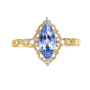 Cornflower Blue Marquise Lab-Grown Sapphire Engagement Ring in Solid 14k White Gold with Moissanite Accents   1.5 ct Center, Vintage Halo, Personalized Promise Ring, Bridal Band, Anniversary Gift, Dainty Wedding Jewelry