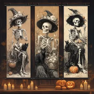 3 Counts Halloween Hanging Banner, Witch Skull & Pumpkin Poster, Exquisite Halloween Decorative Poster, Interesting Gift, Horrible Theme, Living Room Party Poster, Home Decoration, Wall Decor, High Definition, Print, Artwork
