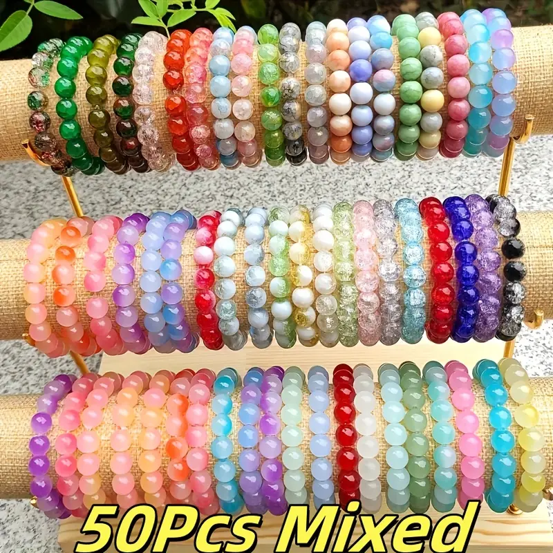 50pcs Colorful Mix Glass Beaded Stretch Elastic Friendship Bracelets Set - Cute Jewelry Youth Fashion Accessory, Unisex Daily Wear Costume Bracelets for Women