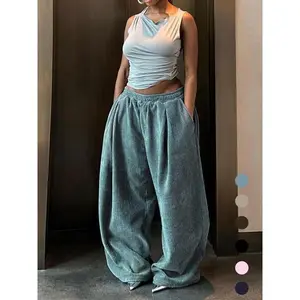 Women'sSolidDrawstringHighWaistWideLegPants,BasicFashionCasualChicPocketsStraightLegTrousersforSpring&Fall,Women'sBottomsforEverydayWear,MinimalistBaggyPants,Womenswear,BreathableFabric