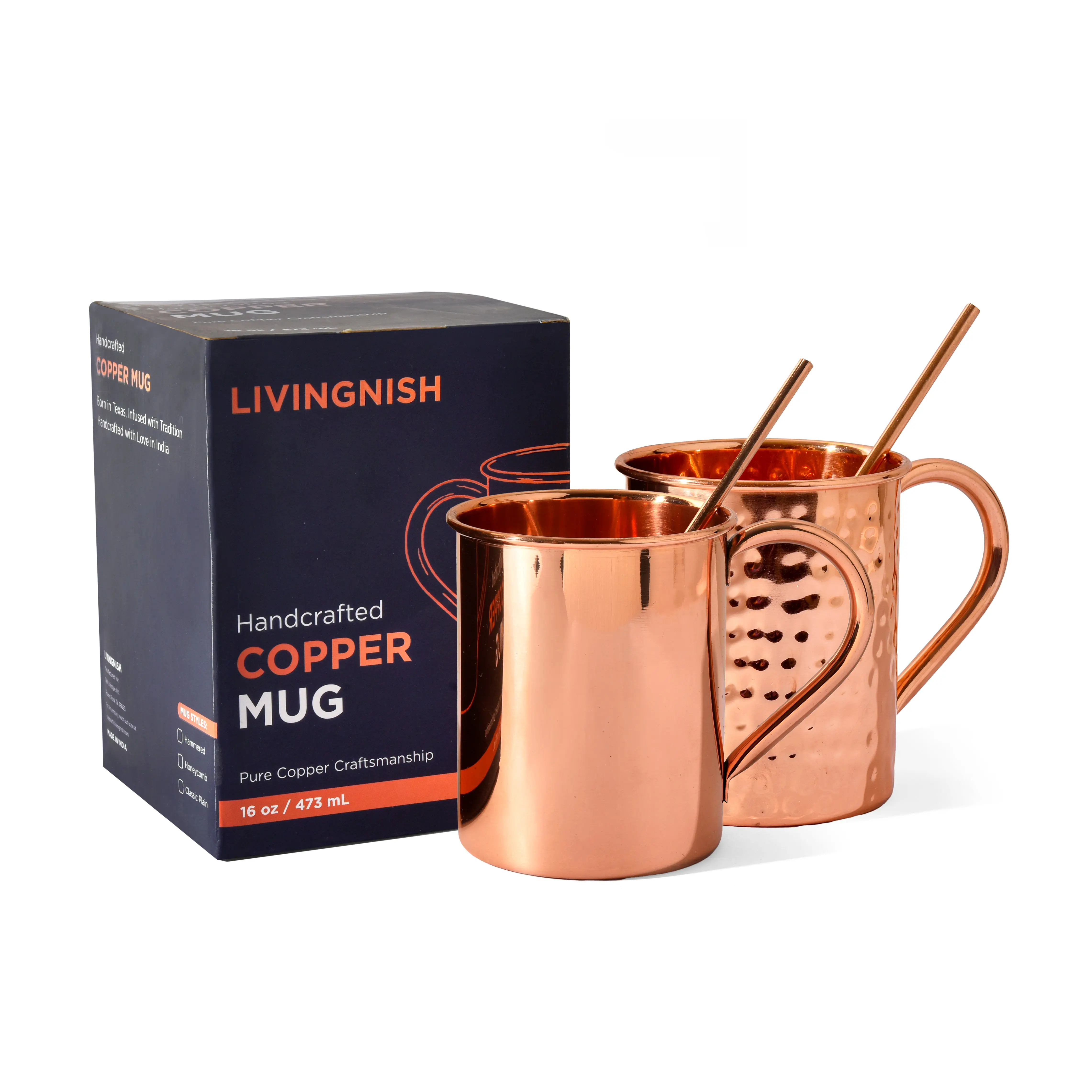 100% Pure Copper Mug 4 pcs Set( 2 Mugs, 2 Straw) | Handcrafted, Heavy Gauge | Moscow Mule Cup I CL/HM