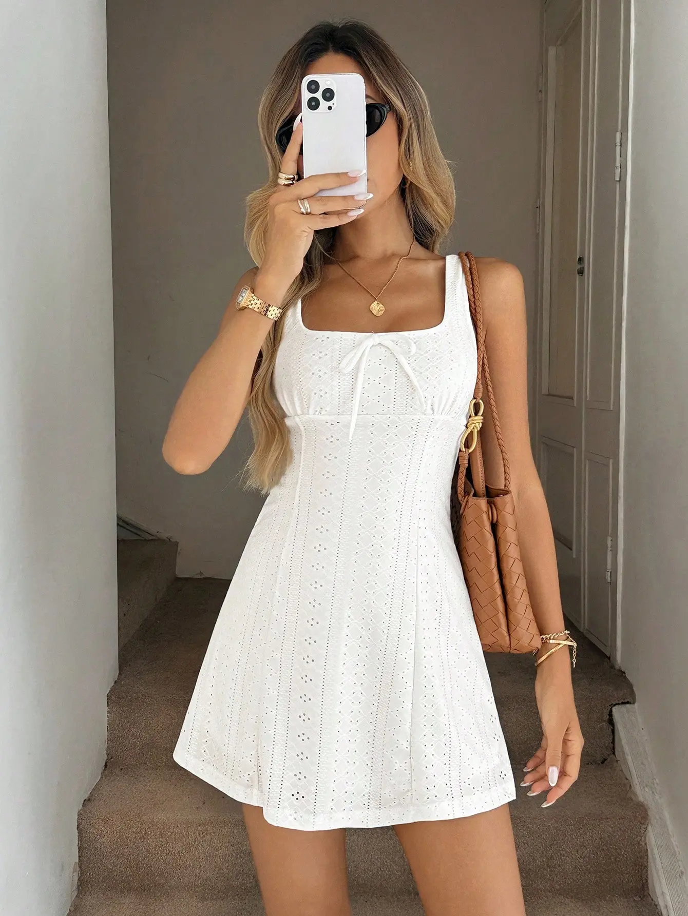 VYNCE Textured Sleeveless Halter Midi Dress White Summer Milkmaid Cottage Core Holiday Vacation Outfit