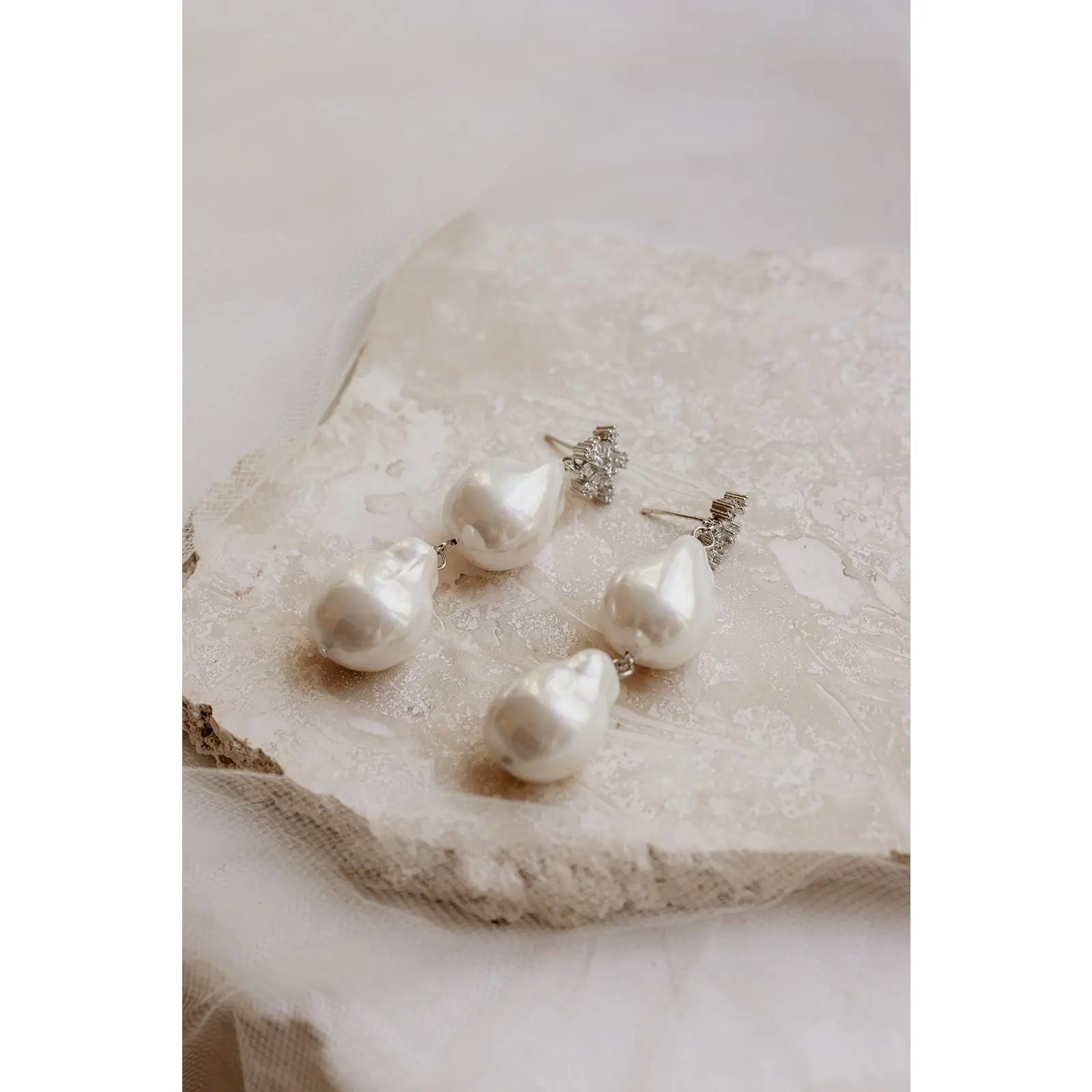 White Gold Baroque Pearls Starbursts Rhinestone Drop Bridal Earrings