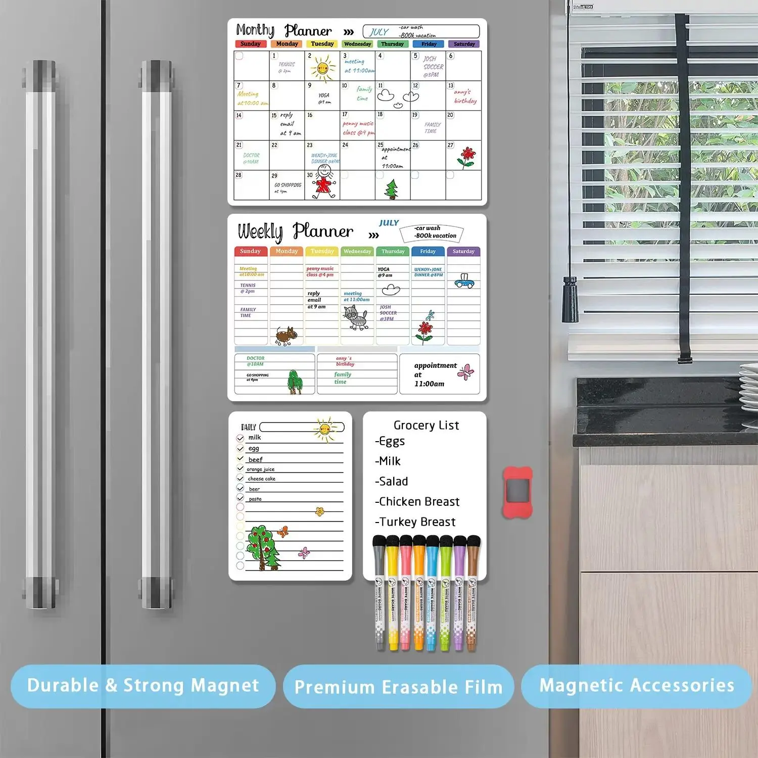 Hivillexun 4-Pack Reusable Magnetic Wall Planners Set - 16.5in x 11.8in Monthly/Weekly Dry Erase Whiteboard, 12in x 8in Daily Notepads, Magnetic Chalkboard Calendar, 8 Markers, 1 Eraser for Home