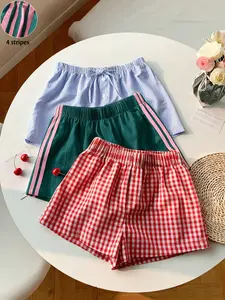 Summer Comfort Three-Piece Set, Loose Home Shorts, Striped & Plaid Casual Pants, Outdoor Sportswear, Vacation Wear, Campus Trendy Shorts