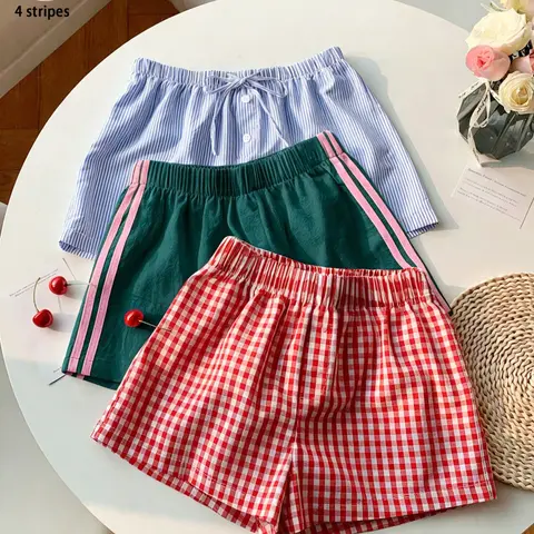 3-Pack Summer Shorts, Loose Fit Home Wear, Striped, Plaid & Checkered Casual Pants, Outdoor & Streetwear, Campus Fashion, Daily Use, Womenswear, Drawstring Casual Shorts, Casual Relaxed Shorts, Casual Shorts Loungewear