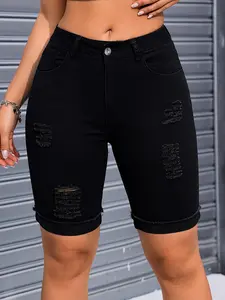 Women's High Waist Denim Shorts, Ripped Effect, Cuffed Hem, Fit, Casual Street Style, Summer Fashion, Daily Wear