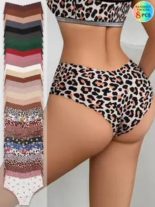 Random 8-Pack Women's Wave Hem Triangle Panties, Sexy Comfortable Multi-Color Ladies Underwear, Slim-Fitting All Seasons, Soft Stylish Brief