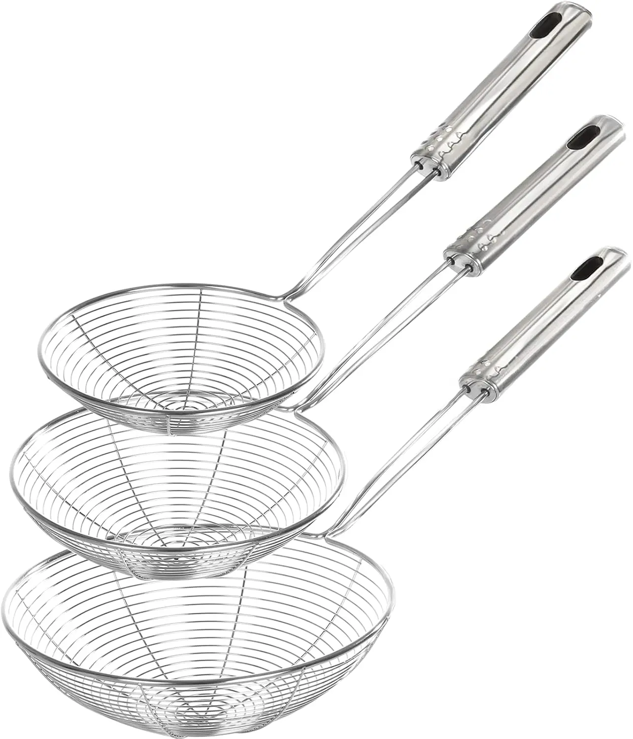 Stainless Steel Spider Strainer Skimmer Ladle, Set of 3 Sizes Kitchen Strainer Spoon for Cooking and Frying, Pasta Strainer, Food Preparation-32.5cm, 36cm, 38cm