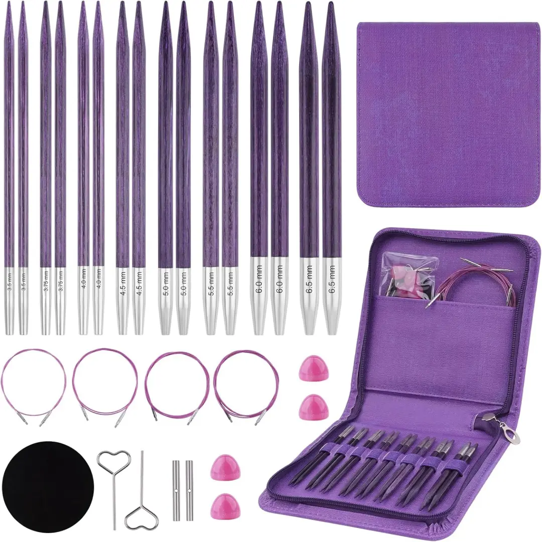 Compact Birch Wood Interchangeable Circular Knitting Needles Set for Friends, Mother, Grandmother – 8 Pairs (3.5mm-6.5mm) with Cables, Accessories and Storage Case for Knitting Projects